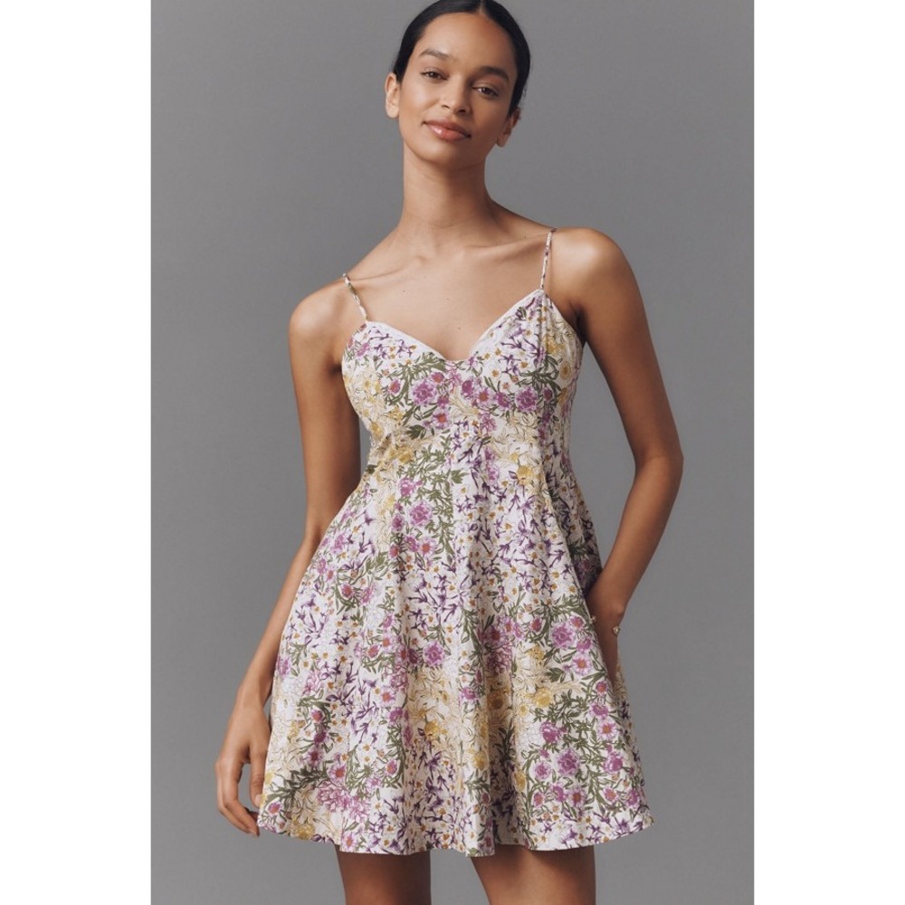 Anthropologie Maeve Cotton Lace-Trim Floral Sweetheart Mini Dress Yellow Motif S